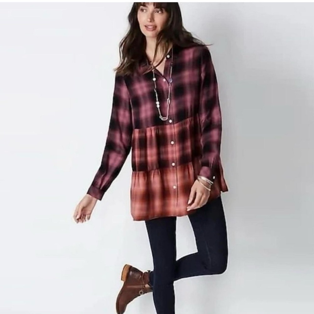 J JILL M Tiered plaid woman cotton blend long sleeve cottagecore Ombre blouse